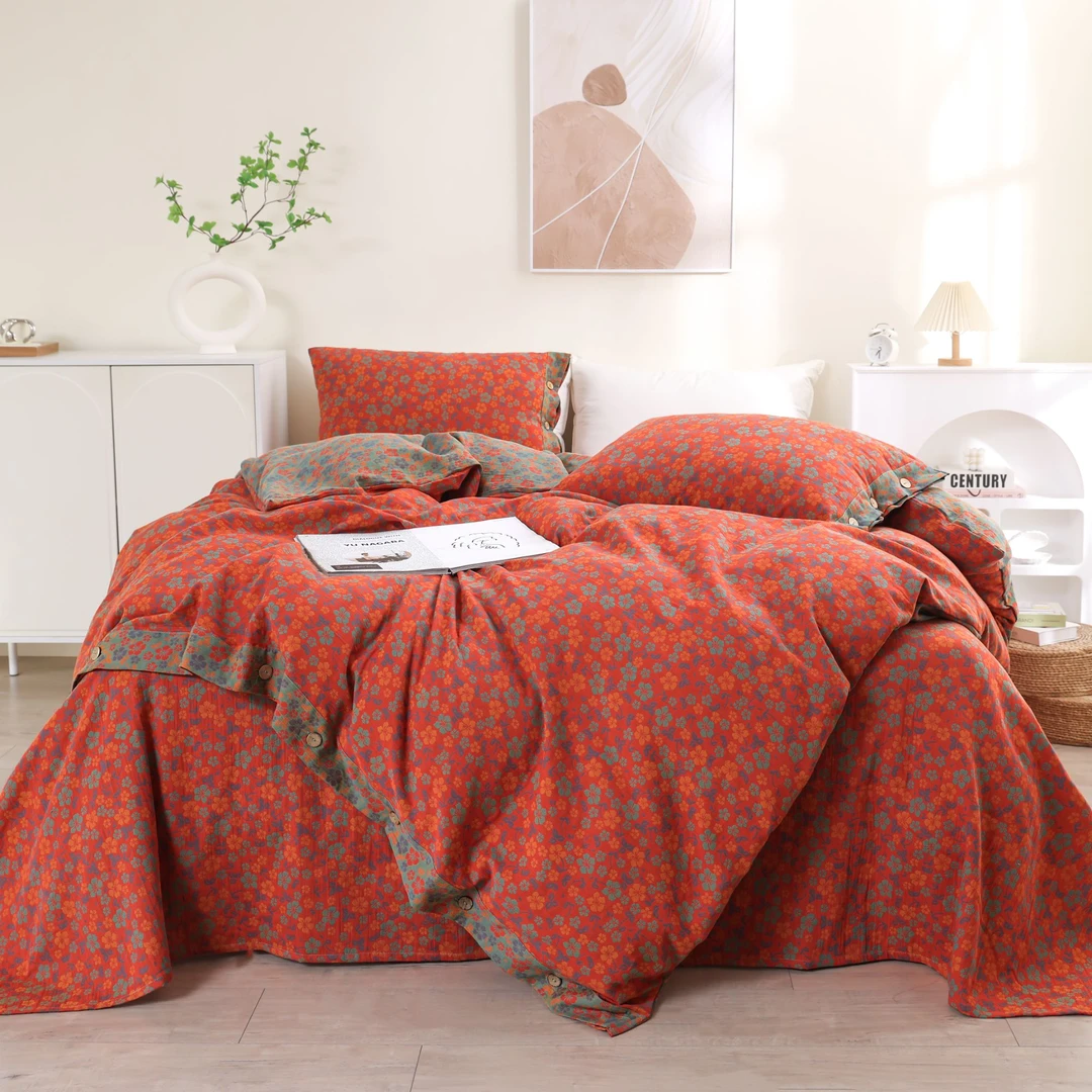 橘色小碎花秋冬被-2×2.3米加厚A类纯棉双层纱色织提花大豆蛋白被