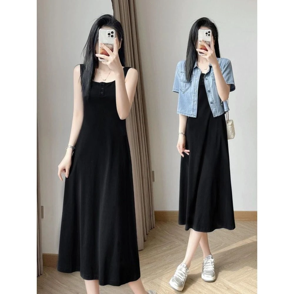 长款过膝纽扣吊带背心裙春夏季大码宽松外穿内搭百搭打底连衣裙女