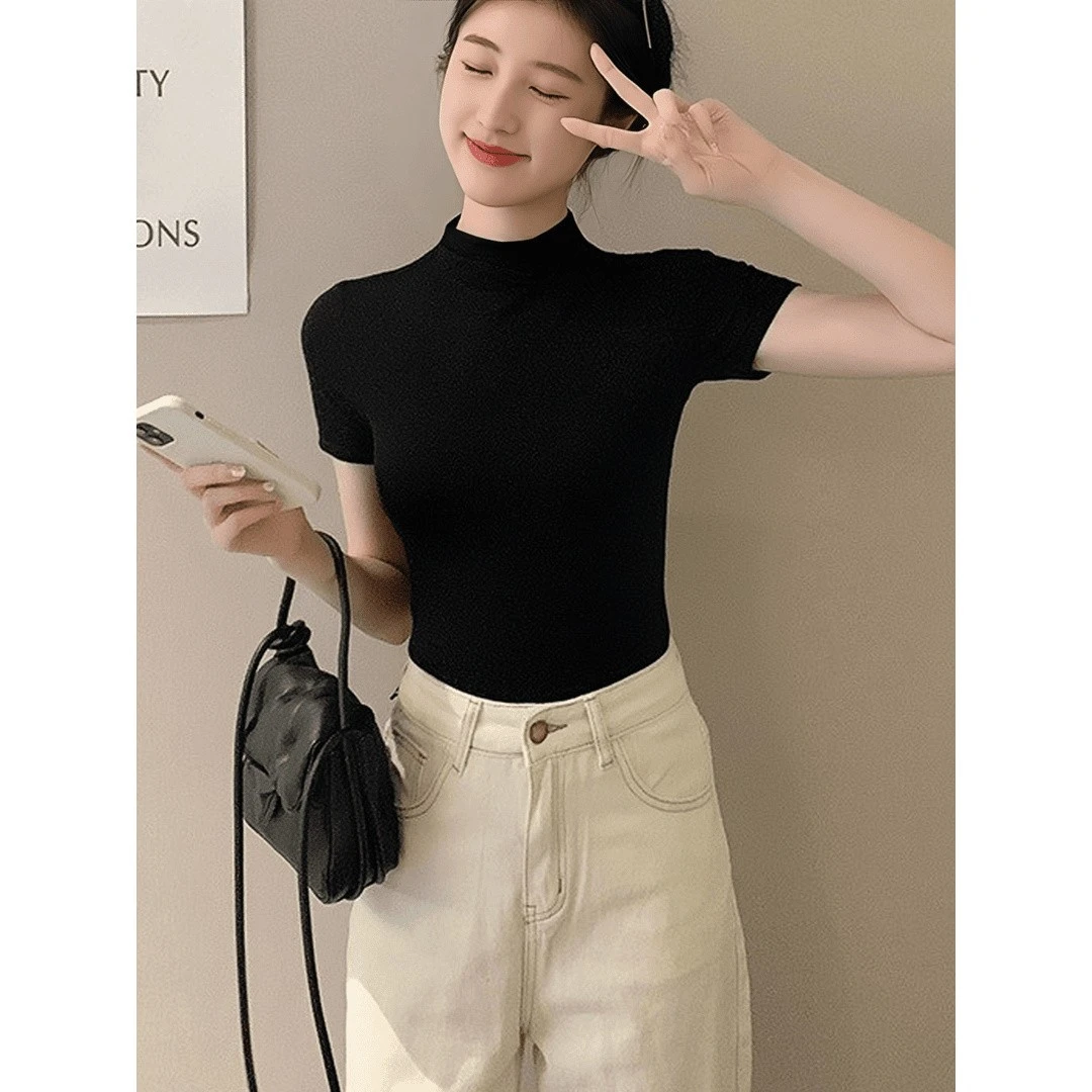 春夏半高领短袖T恤女新款大码修身内搭外穿打底衫百搭气质上衣