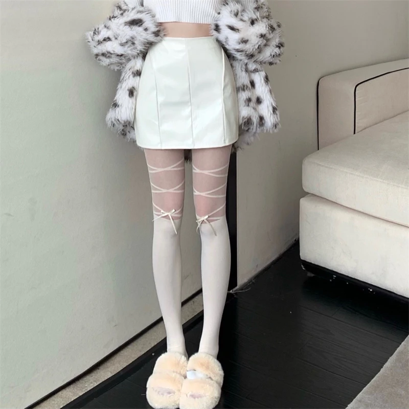 奶白色丝袜纯欲温柔仙女风绑带蝴蝶结连裤袜过膝拼接假大腿jk