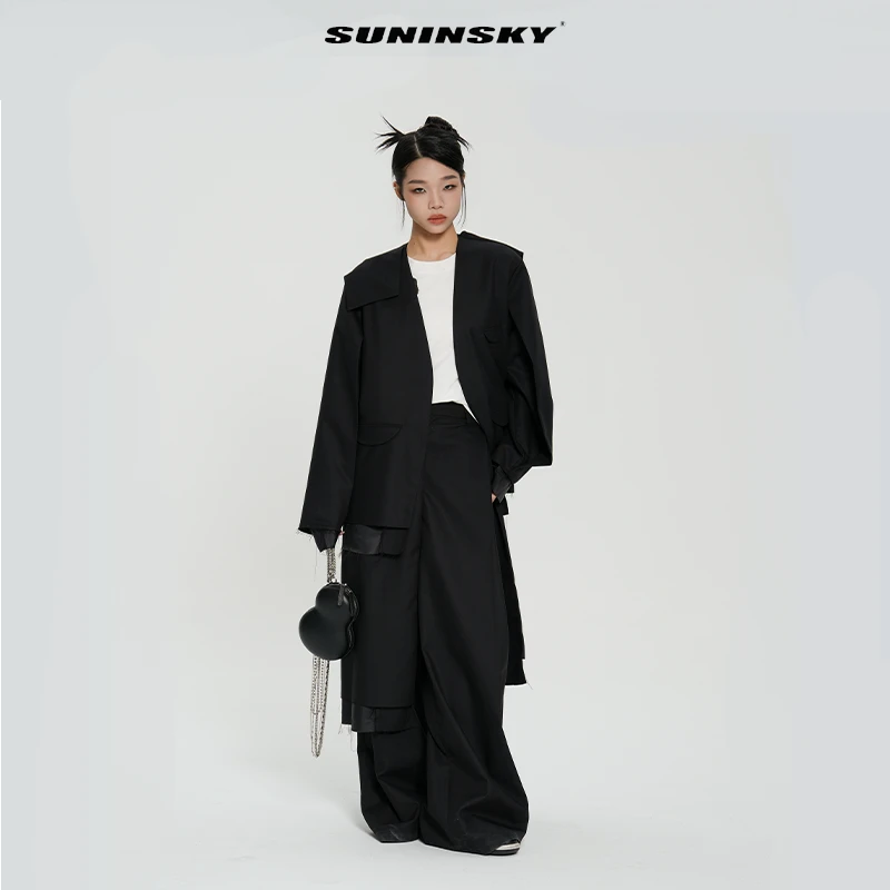SUNINSKY假两件长款搭片毛边原创新中式中性直筒西装外套K38014