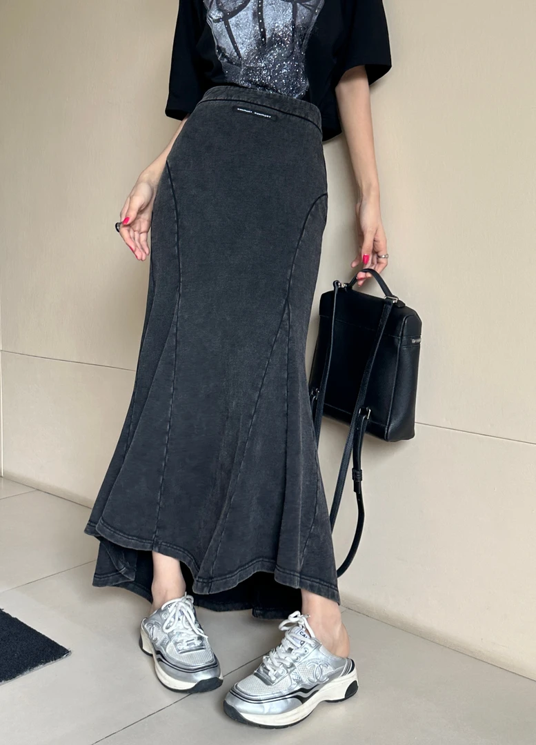 SUNINSKY洗水做旧松紧腰显瘦长款鱼尾裙半裙-TY44008