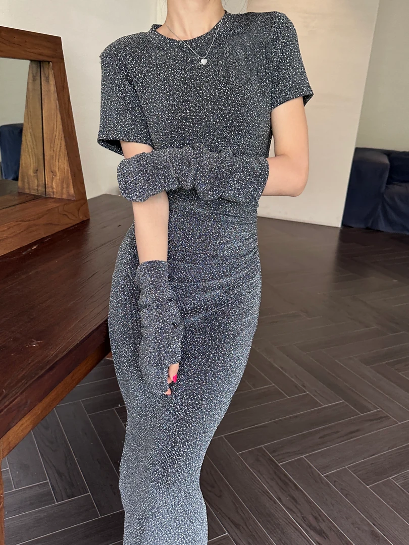 SUNINSKY重工彗星细闪显瘦性感修身连衣中长裙-S45006