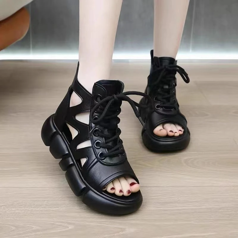 真软皮软底罗马凉鞋女2024夏季新款复古厚底镂空鱼嘴凉靴坡跟露趾