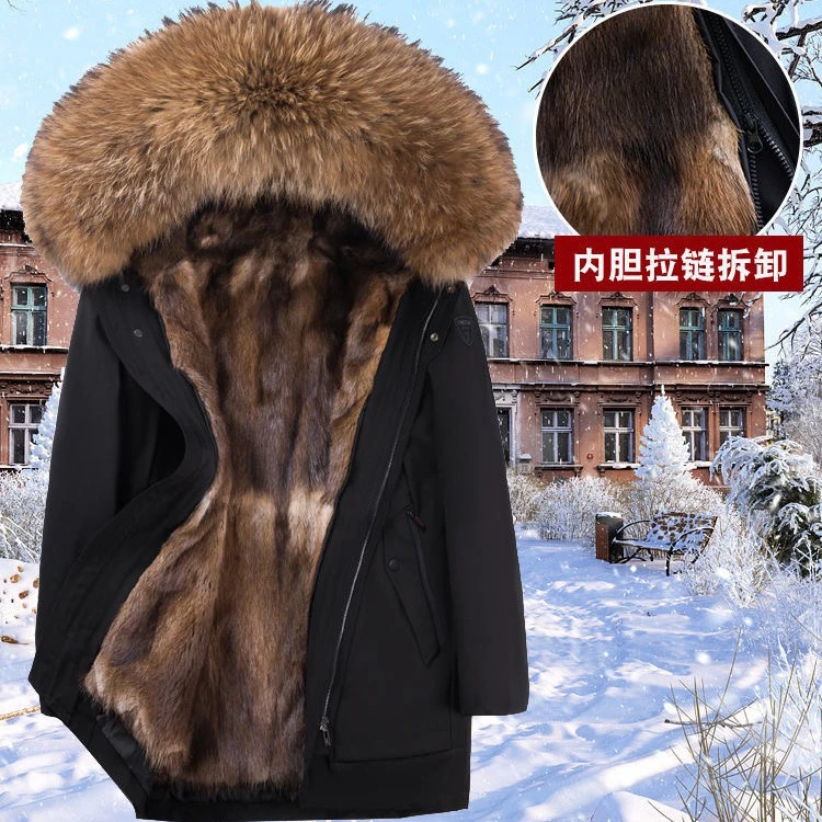 【高端整皮】男士中长款大毛领连帽外套冬季保暖脱卸加厚派克服休闲