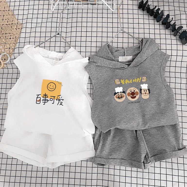 儿童夏季连帽套装男女中小童帅气婴儿洋气时尚休闲无袖卡通两件套