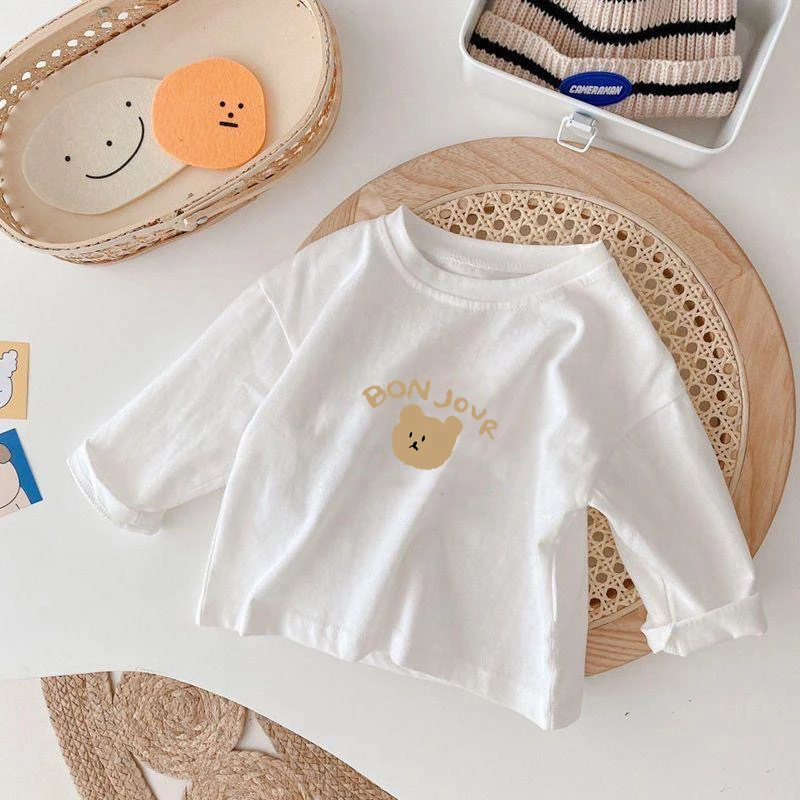 100%棉儿童长袖t恤2025春秋新款时尚白色印花上衣男女童打底衫潮T