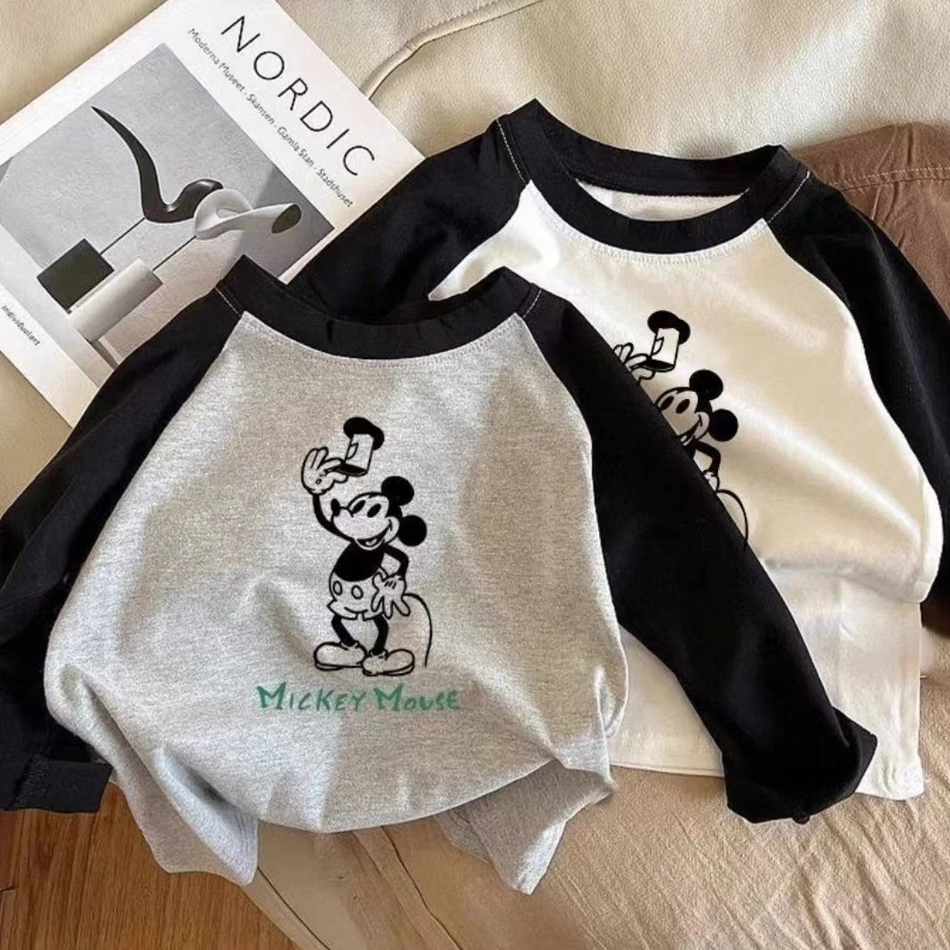 儿童纯棉长袖t恤春秋洋气外穿拼接上衣中小童宝宝卡通百搭打底衫