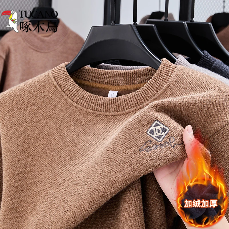 TUCANO/啄木鳥男加绒圆领毛衣冬季防寒保暖一体绒针织衫内搭线衫