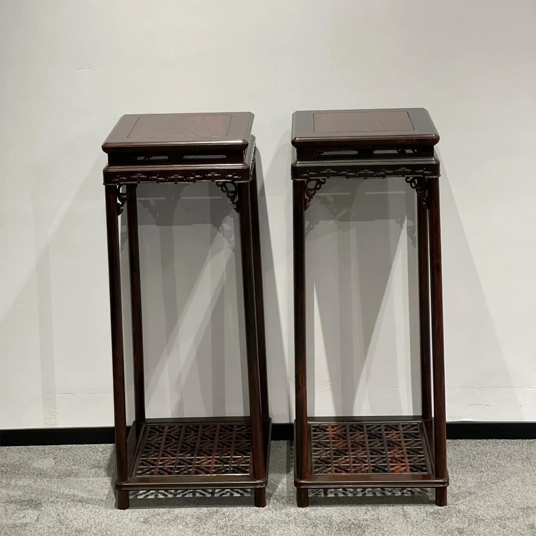 宁煊老挝大红酸枝交趾黄檀红木家具明清古典梅花花架一对96