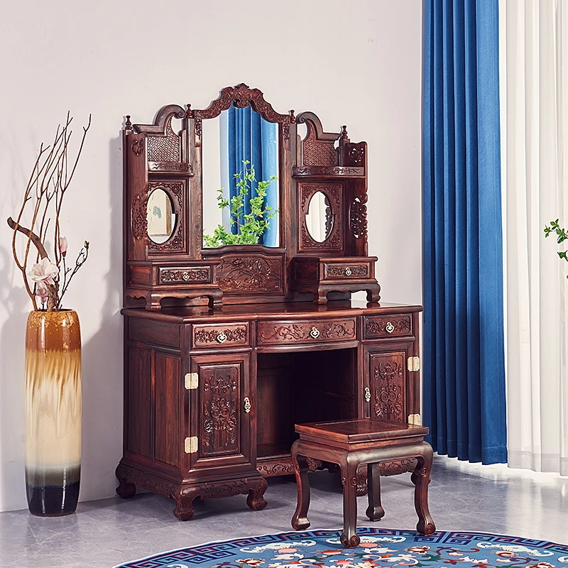 宁煊老挝大红酸枝红木家具交趾黄檀古典皇冠梳妆台化妆桌子带凳子