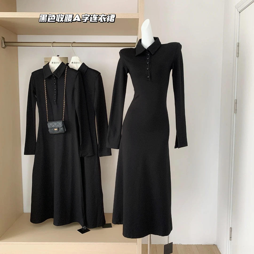 all black穿搭黑色法式衬衫连衣裙女早秋新款长袖收腰显瘦长裙