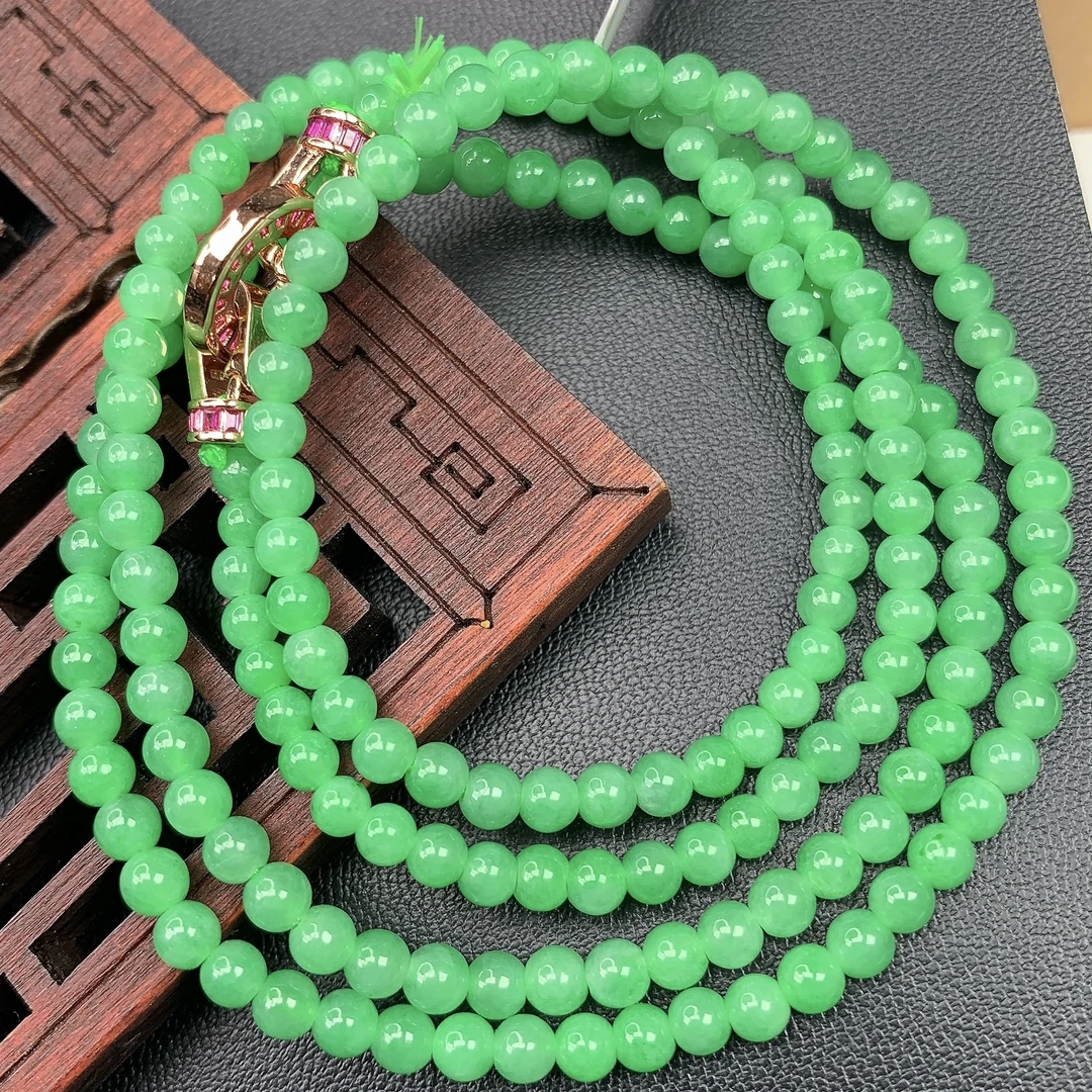 四会 缅甸A货翡翠满色满绿绿翡圆珠手链手串T/3.3-3.8mm620mm