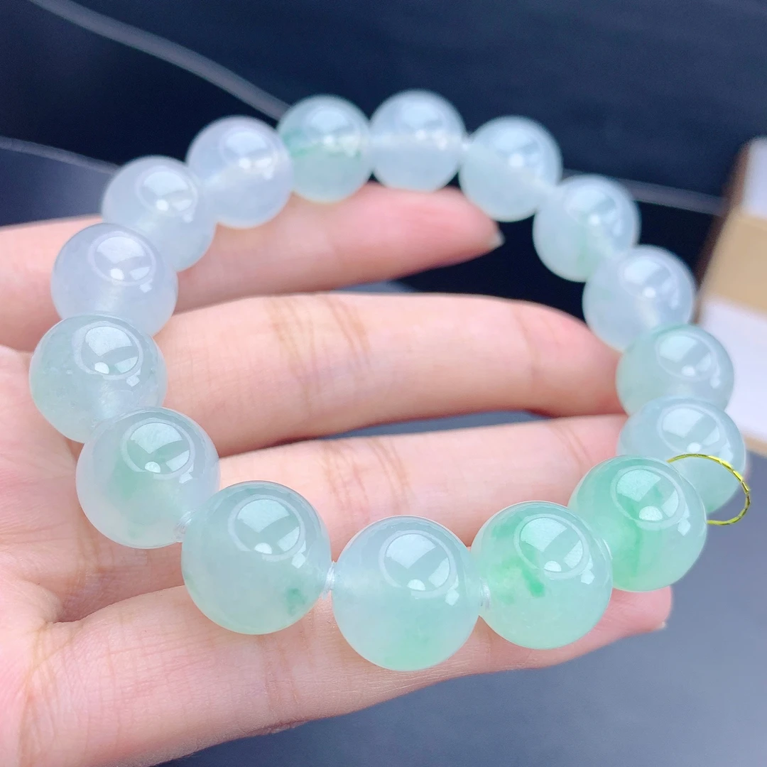 缅甸A货翡翠白冰冰丝阳绿花手串男士手链男款珠链单圈Tqm卡12.5mm