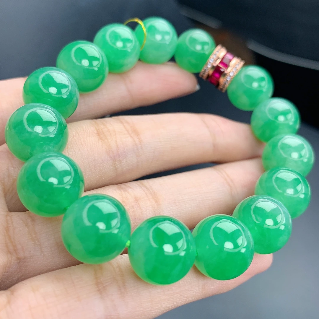 缅甸A货翡翠浓阳绿色飘花手串男士手链男款珠链单圈Tqm卡12.4mm