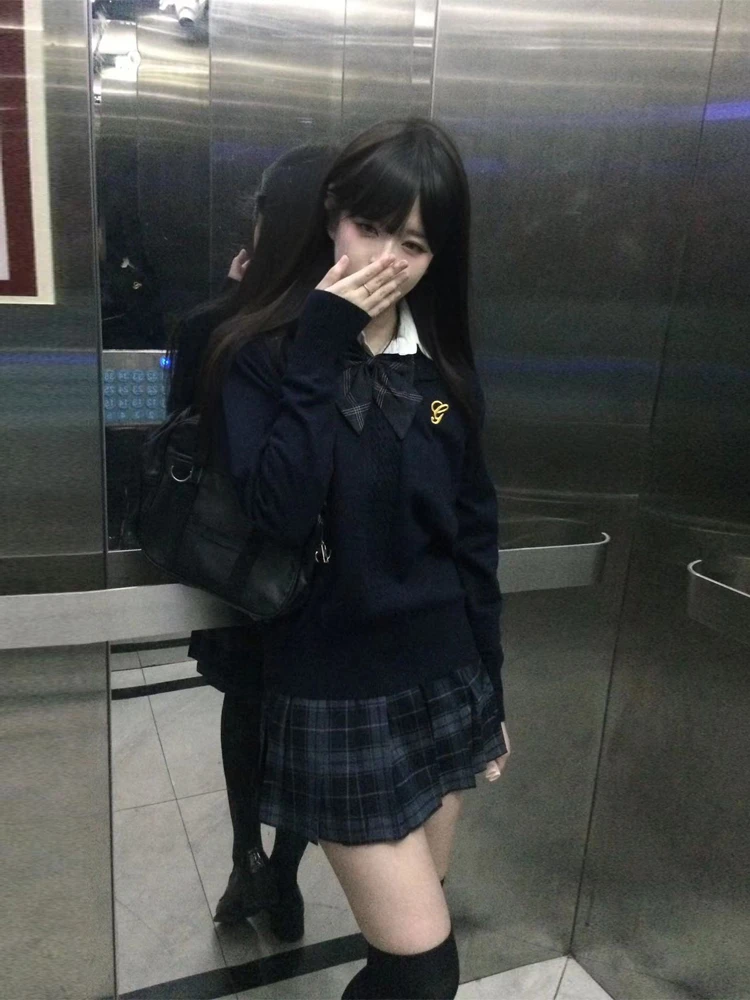 【淑】原创火星JK制服正版高腰校供感灰蓝格裙冬至毛衣套装女秋冬