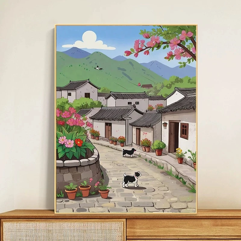 宁静山村|数字油画diy真心易遮盖六代颜料填色涂色礼物油彩装饰画