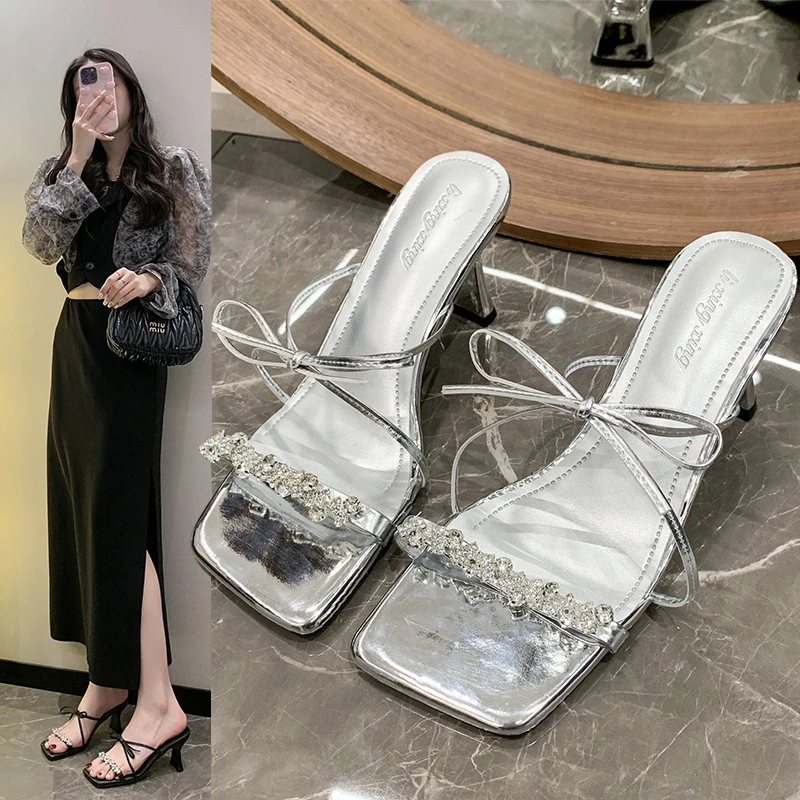 法式蝴蝶结小凉鞋仙女鞋2024新款夏季外穿配裙子中高跟水钻凉鞋