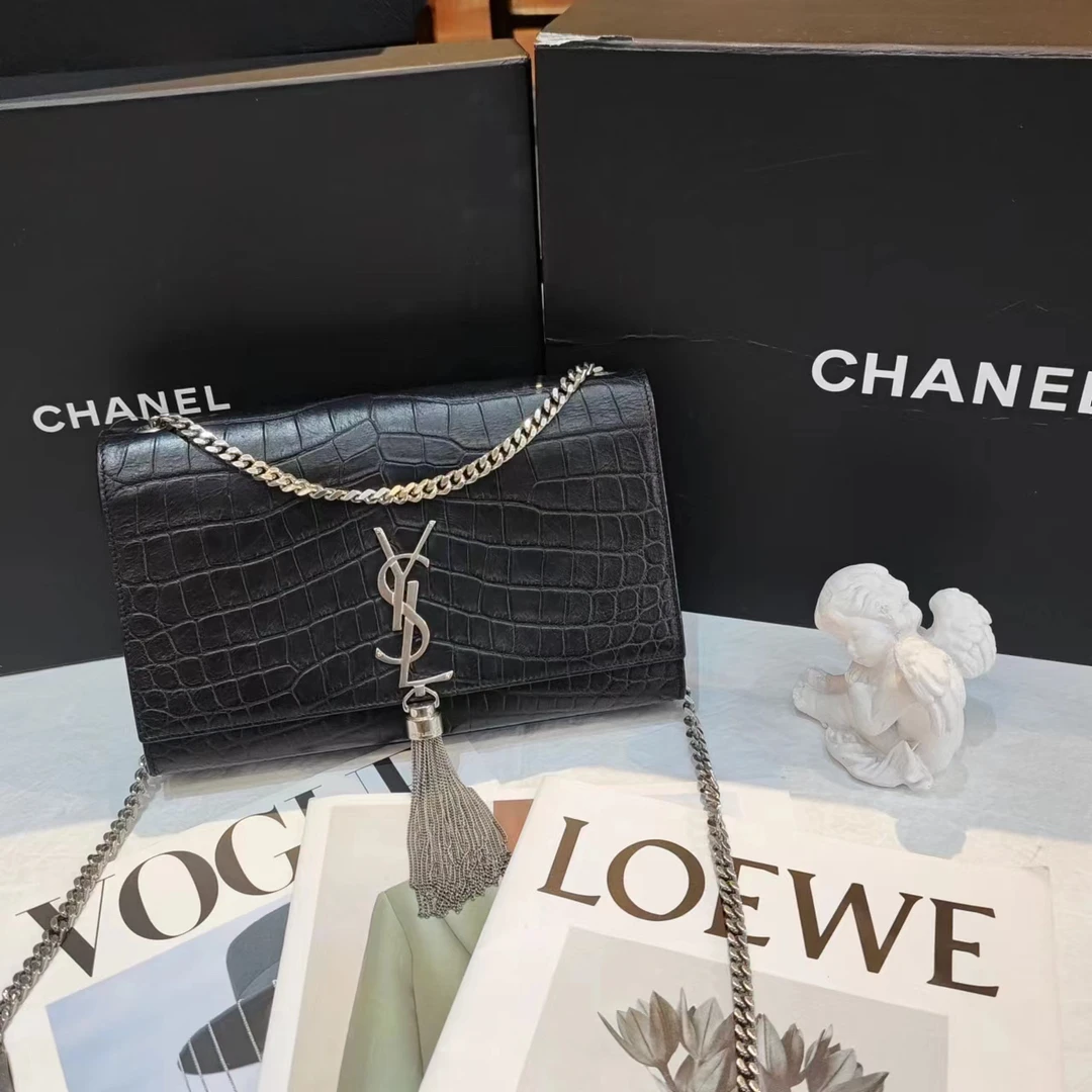 95新 YSL/圣罗兰 YSL黑银压纹流苏包24090164-04