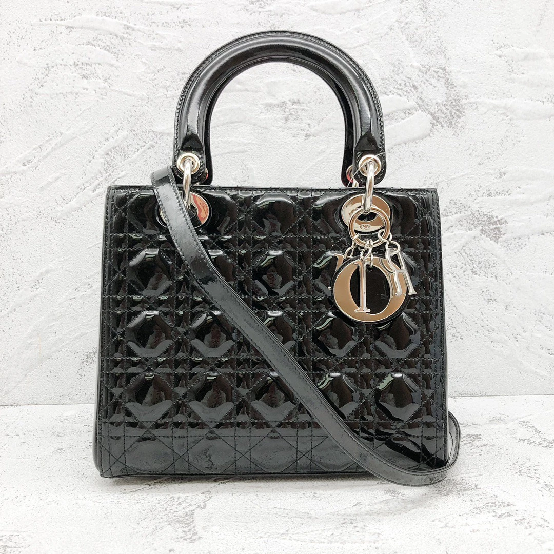 95新 Dior/迪奥 Dior黑银漆皮五格戴妃斜挎包24010055-01