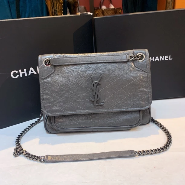 95新 YSL/圣罗兰 YSL灰色中号niki 24070178-01