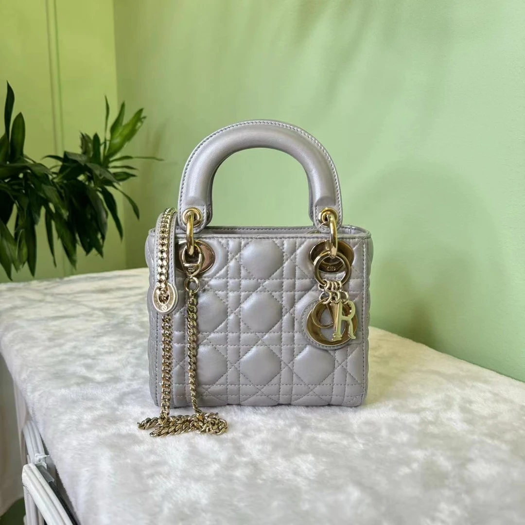 95新 DIOR/迪奥 Dior珠光灰三格黛妃手拎包 24080086-01