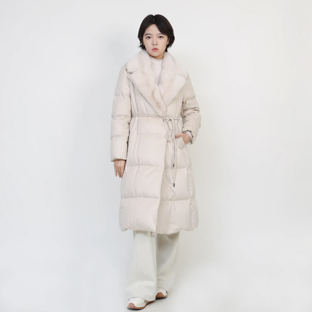女款鹅绒羽绒收腰服冬季驼丝绒95白鹅长款羽绒服 22478