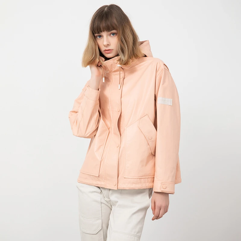 时尚短款连帽潮流休闲秋冬皮单衣设计师宽松皮衣女外套 234073