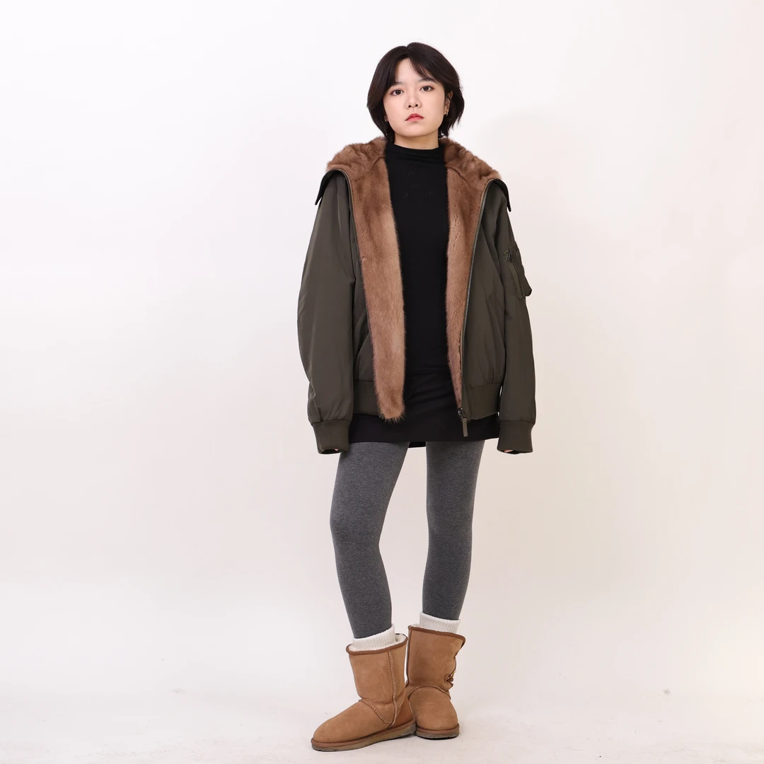 连帽外套加厚保暖时尚欧范水貂双面穿 90765