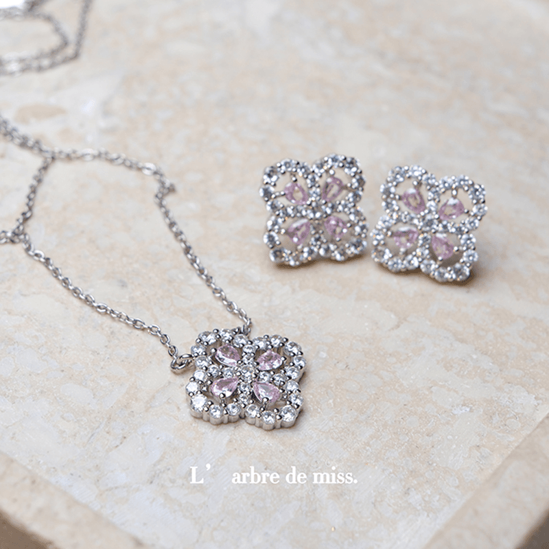 铜合金项链 S925经典法式粉色四叶草镂空镶钻项链PT0328002