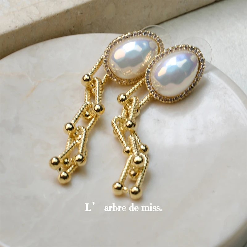 铜合金耳饰 珠珠蛋面镶嵌长款耳钉法式优雅气质