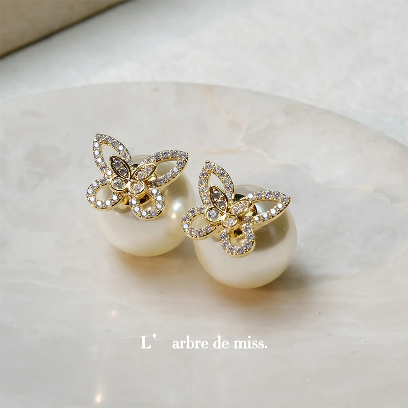 铜合金合成锆石耳饰 经典法式白色珠珠蝴蝶镶钻耳钉16