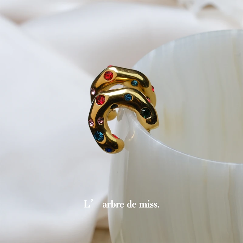 铜合金合成锆石耳饰 简约拼色镶钻耳钉彩色设计感法式