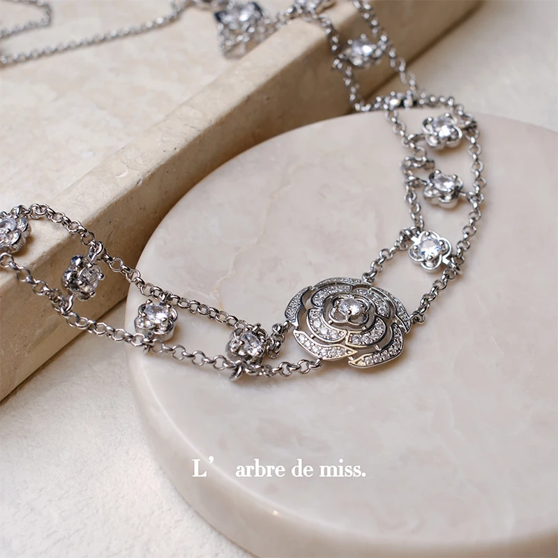 铜合金项链 S925山茶花镶钻项链法式百搭0201A102