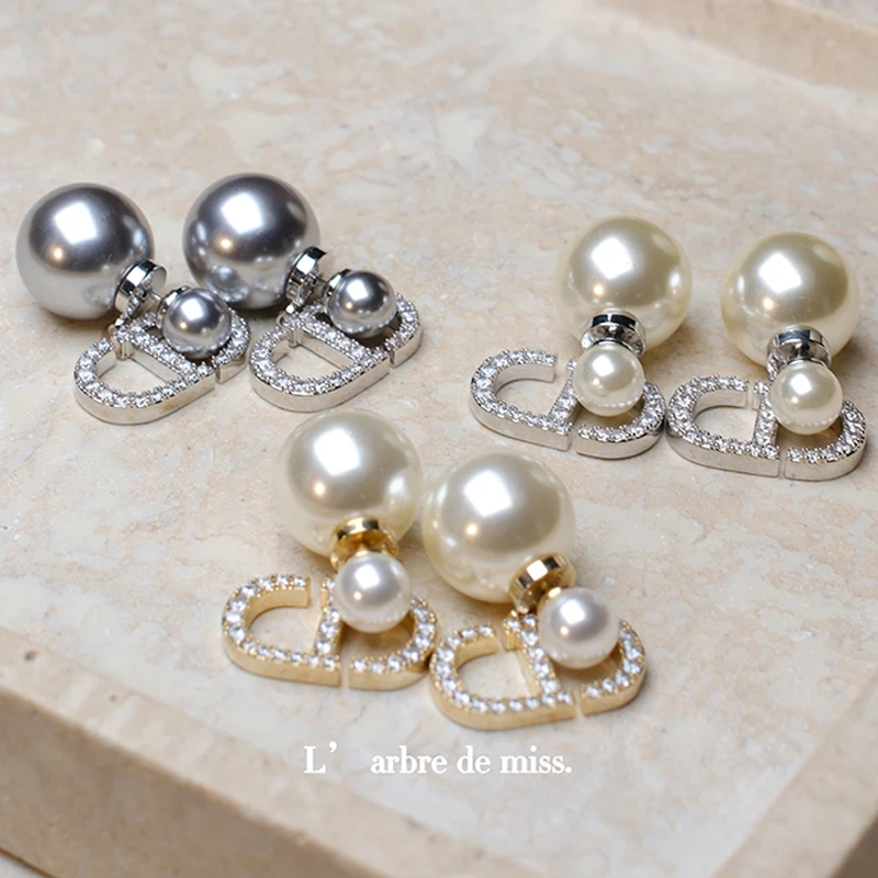 铜合金合成锆石耳饰 经典字母CD镶钻珠珠耳钉法式复古