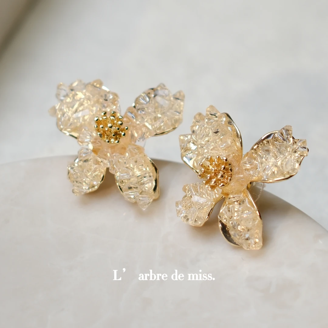 铜合金合成锆石耳饰 复古橘粉镶钻花朵耳钉