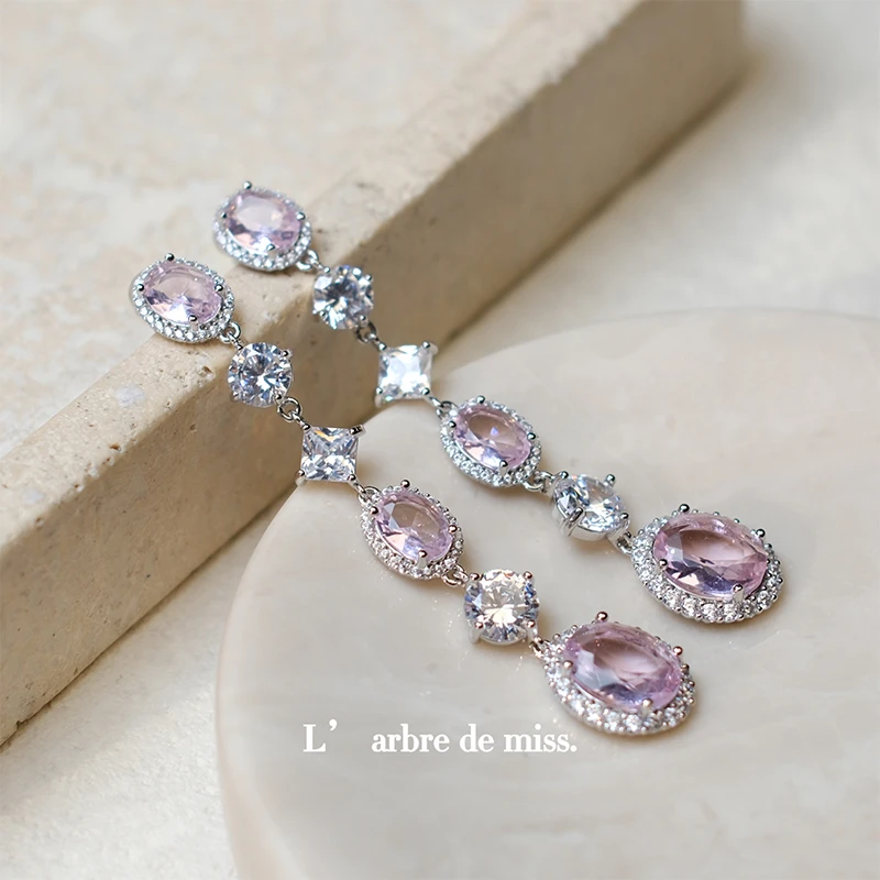 铜合金合成锆石耳饰 s925法式镶钻粉色长款耳钉