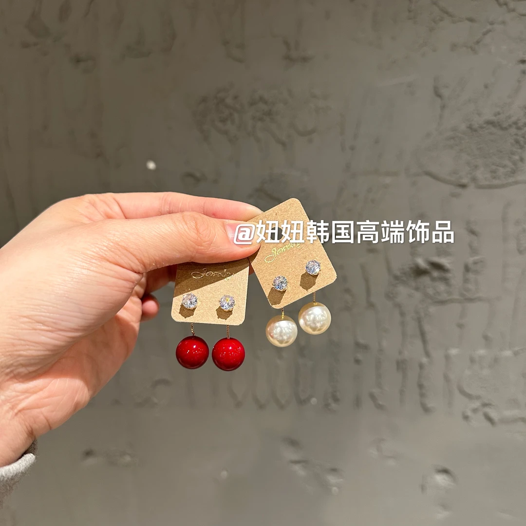 铁合金合成锆石耳饰 【上新】韩国手工轻奢精致施家钻贝珠耳钉耳饰