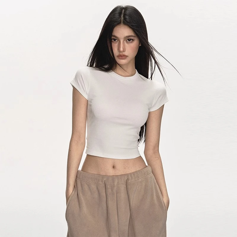 anna aneae 经典四色短款上衣女修身正肩T恤欧美短款t恤弹力打底