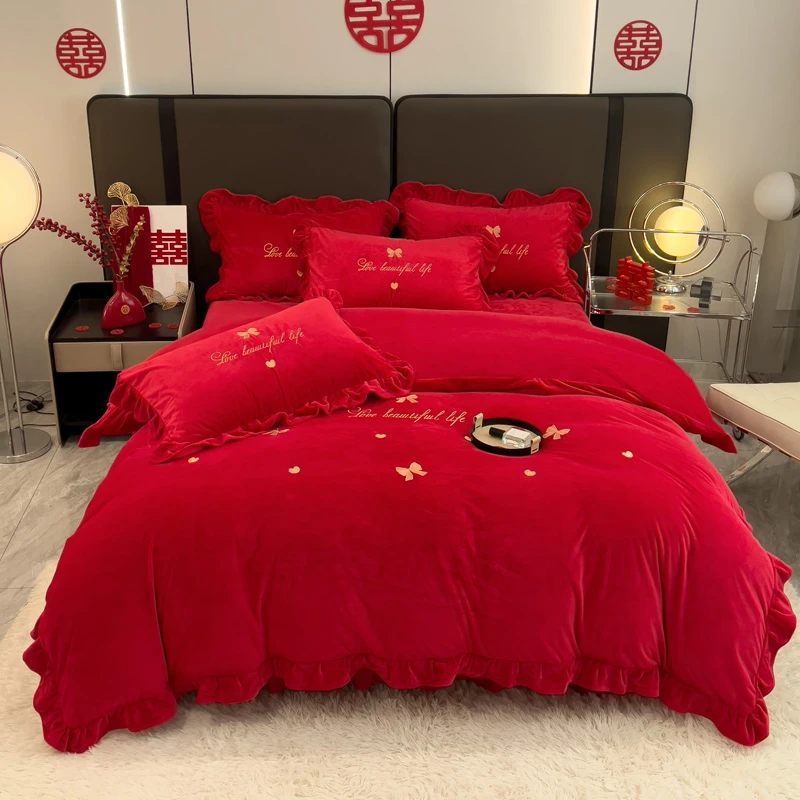 结婚四件套床上用品红色牛奶绒新婚床单双面绒被套宝宝绒婚嫁婚床
