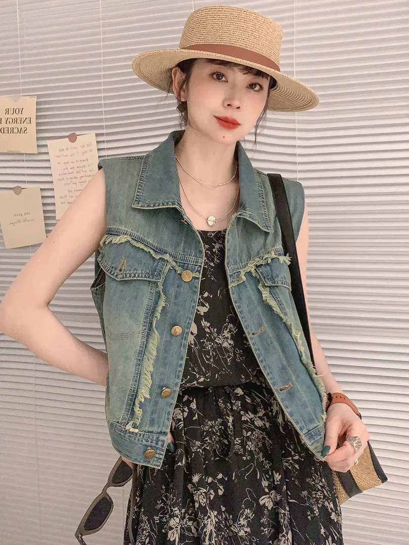 复古做旧翻领牛仔马甲女欧洲站夏装2025夏款欧货女装无袖短外套潮