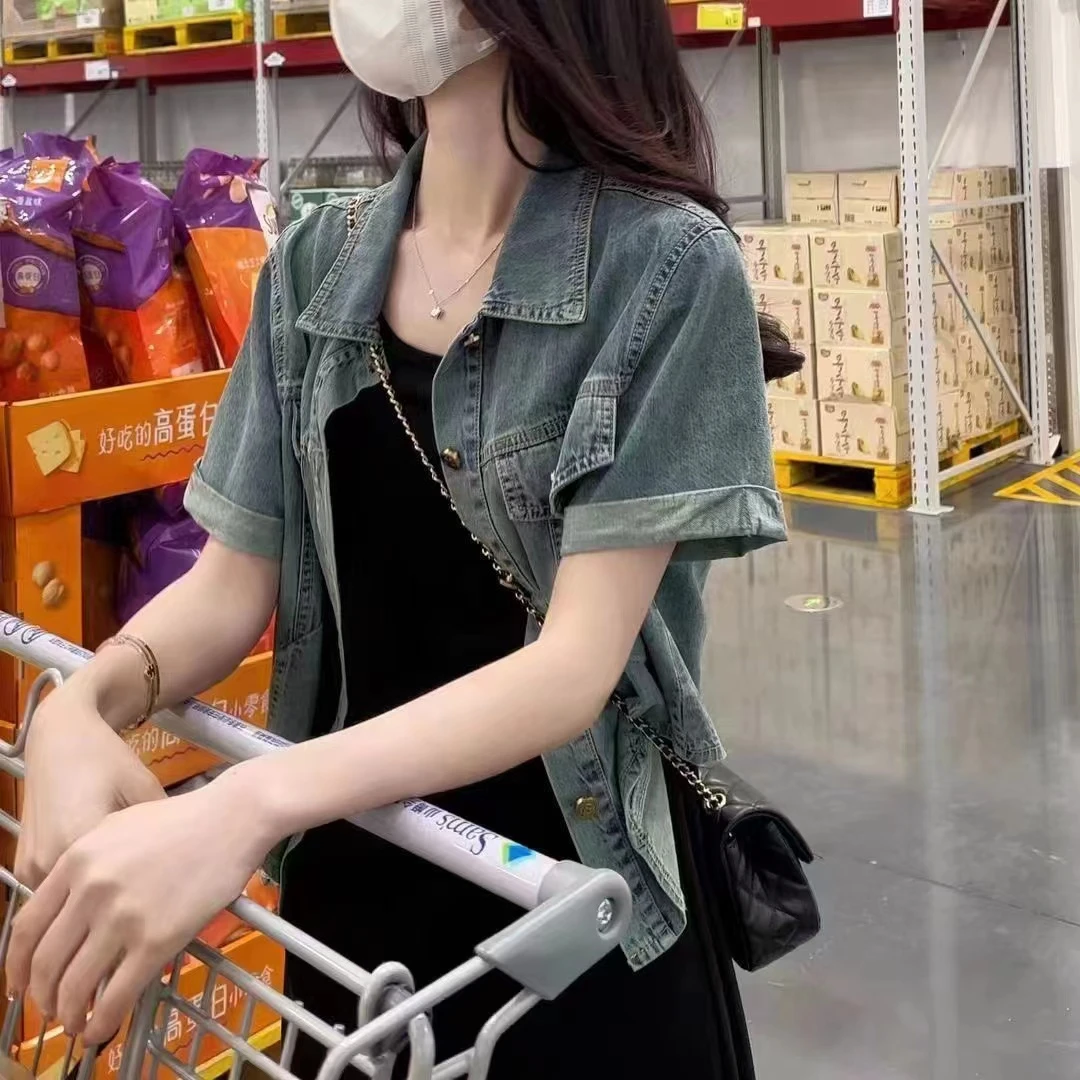 薄款短款牛仔外套设计感小众女美式复古小个子百搭polo领短袖上衣