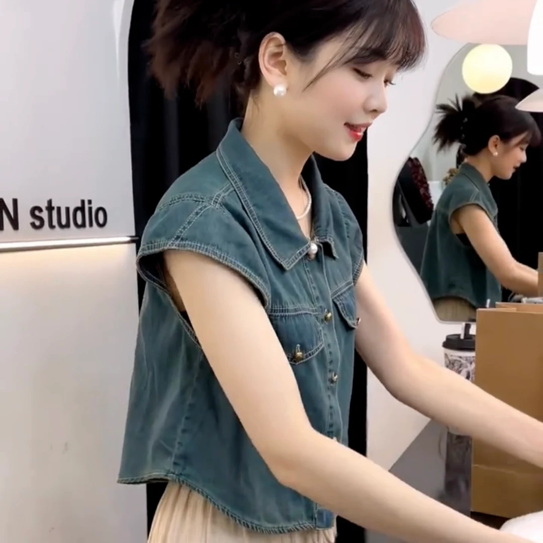 韩版复古气质坎肩polo领牛仔衬衫女夏甜酷风百搭小众短款上衣外套
