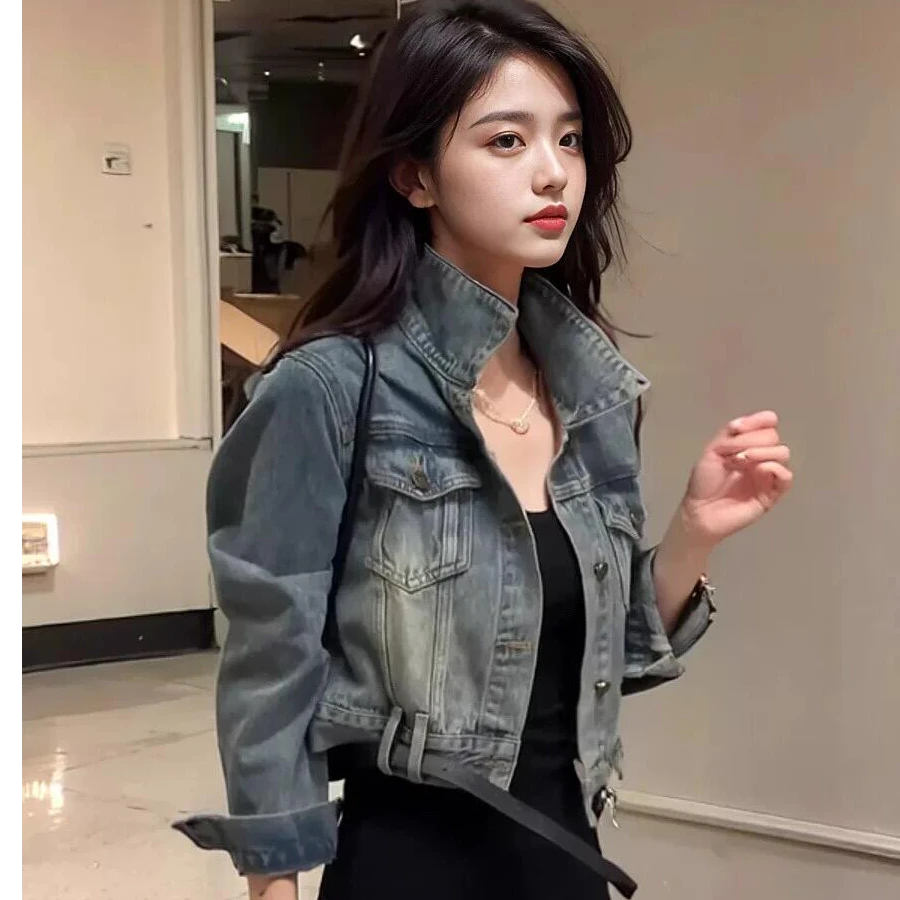 港风复古做旧水洗牛仔外套女秋季时尚个性别致款式短款夹克上衣潮