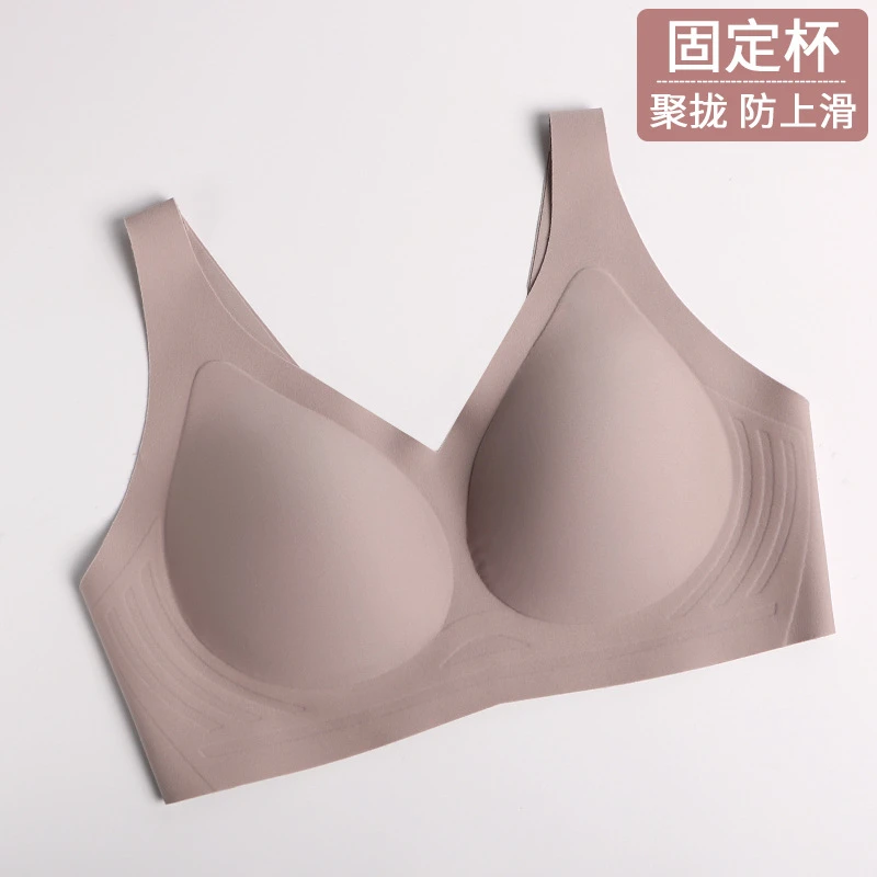 无痕内衣女无钢圈型胸罩冰丝运固定杯大胸显小20黑色鱼骨内衣