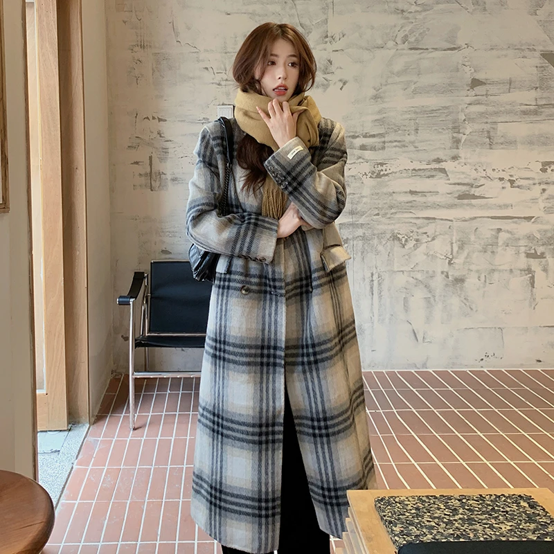 【三线格小个子双面绵羊毛大衣秋冬高级感韩系毛呢外套