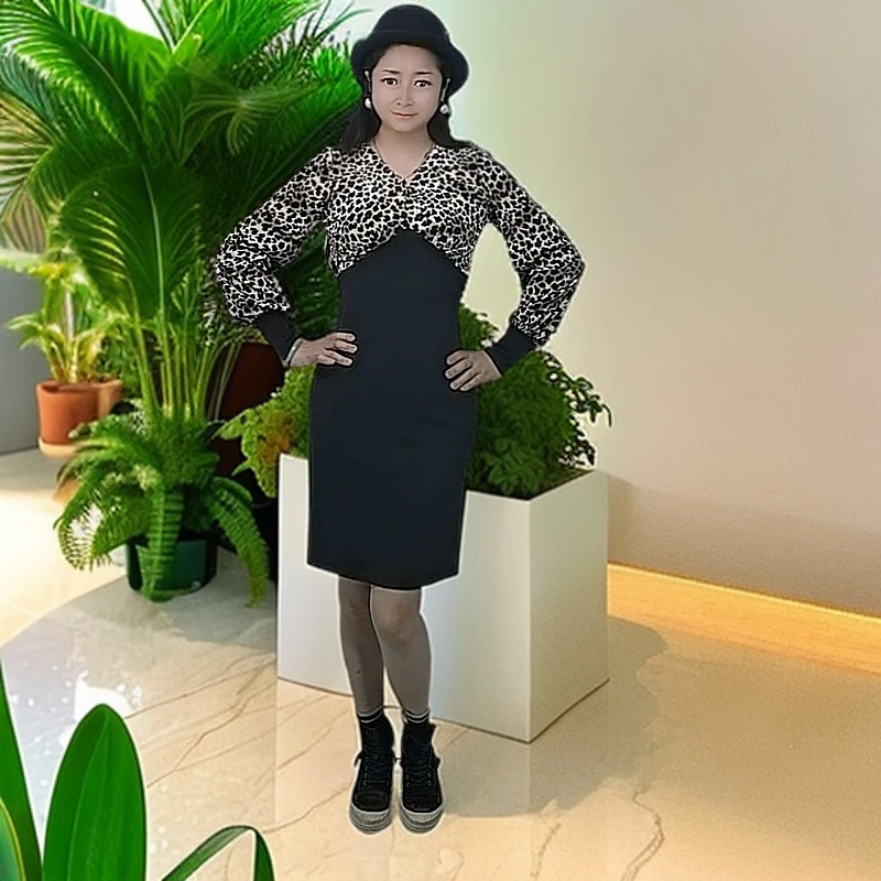 女士秋季豹纹拼接黑色修身显瘦气质时尚潮流长袖连衣裙