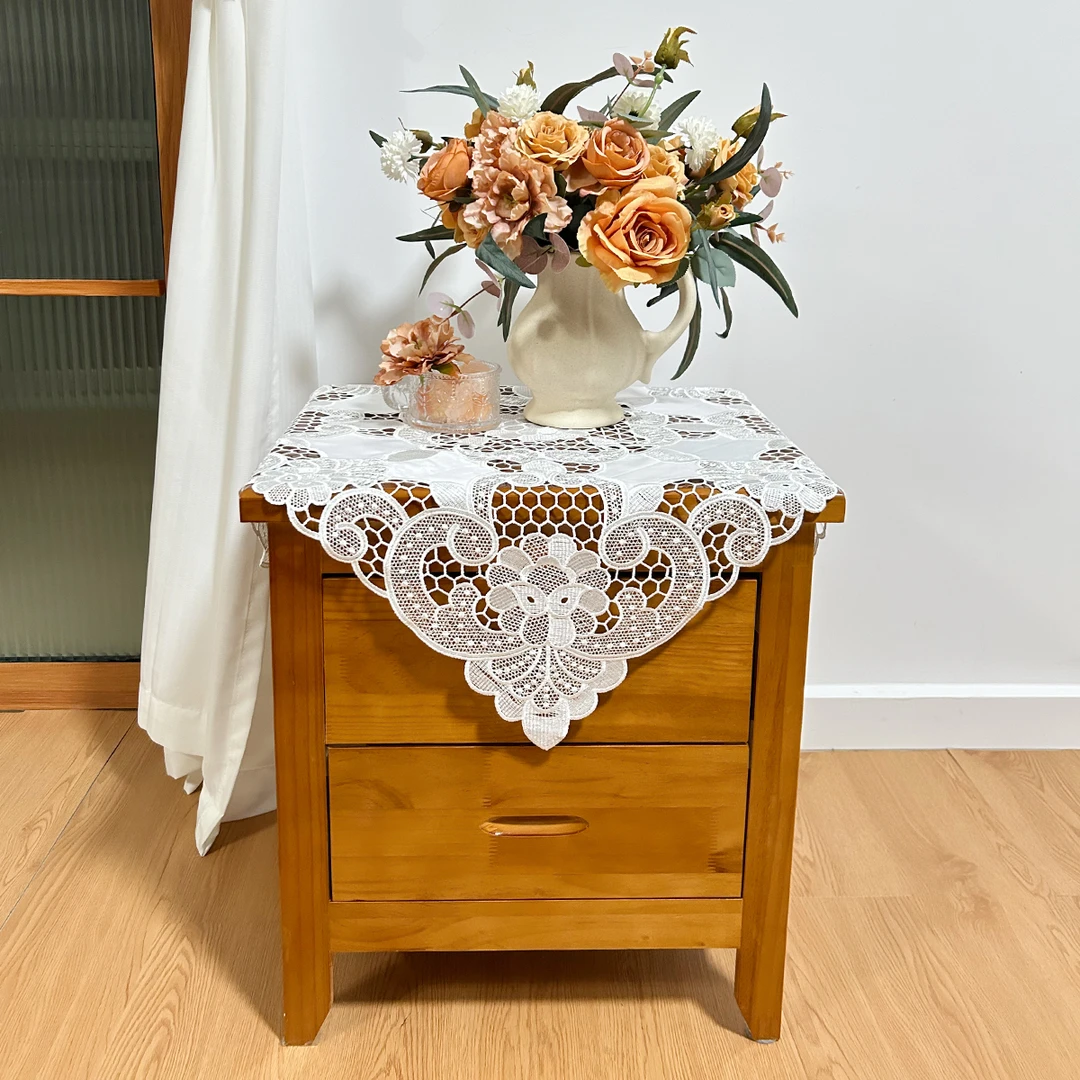 60方太阳花白色床头柜盖布方形蕾丝桌布
