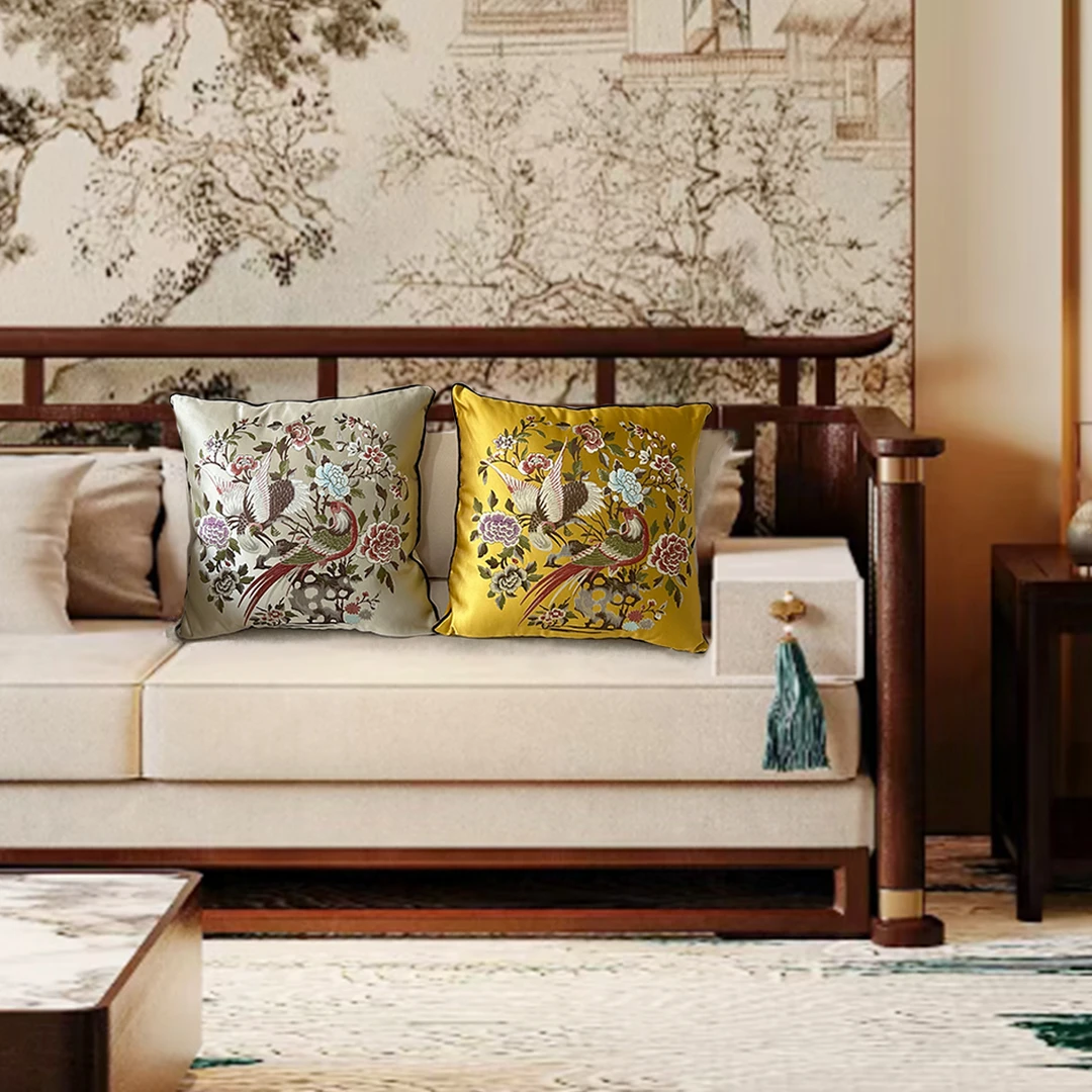 新中式花鸟抱枕提花靠枕客厅沙发靠垫古典中国风可拆含芯枕靠