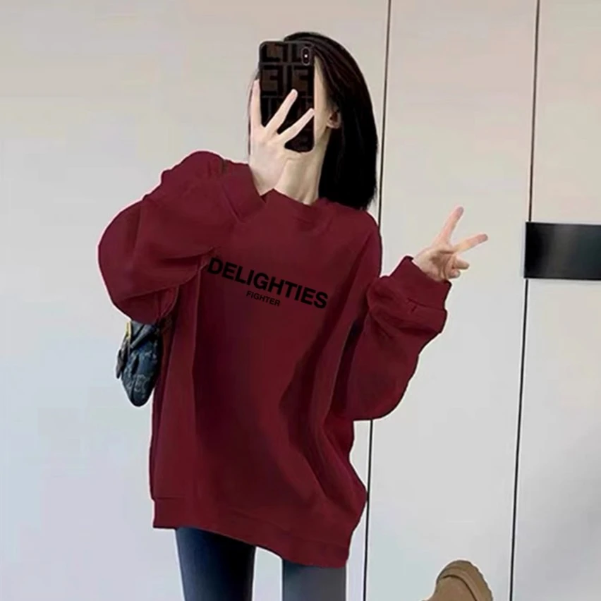 加绒加厚冬季秋季圆领卫衣女中长款宽松慵懒风大款卫衣潮ins长袖